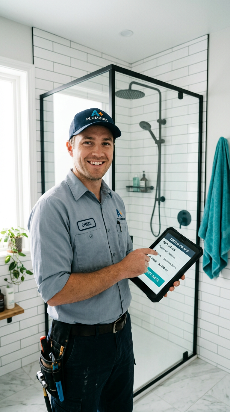 Plombier professionnel présentant un devis sur tablette dans une salle de bain rénovée